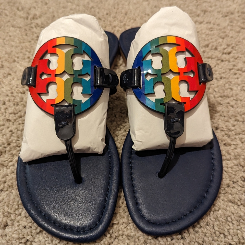 Tory Burch bright rainbow/ Royal Navy Miller patent leather sandals size 7.5